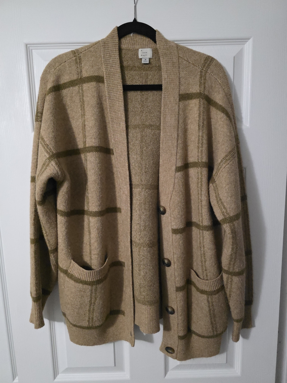 a new day Tan Windowpane Cardigan Sweater with Olive Accents